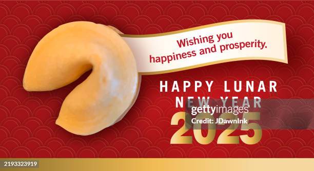happy lunar new year 2025 greeting design template with fortune cookie and fortune message in gold and red colors - fortune cookie stock illustrations