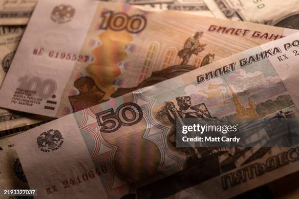 In this photo illustration, Russian rouble notes are seen on January 11, 2025 in Bath, England. Although Russia’s rouble has recovered slightly from...