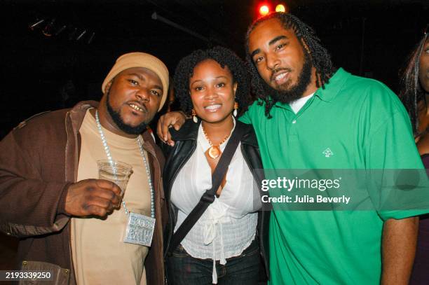 Rapper BloodRaw , publicist Elora Mason and record promoter Thomas "TJ" Chapman attend TJ's DJ's 15 Year Anniversary party at The Moon Nightclub on...