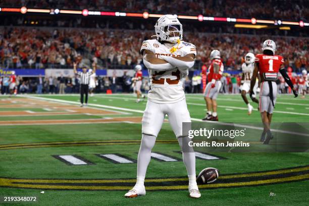 Jaydon Blue of the Texas Longhorns celebrates after scoring a touchdown in the third quarter against the Ohio State Buckeyes during the Goodyear...