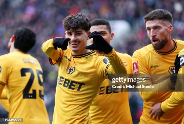 Rodrigo Gomes of Wolverhampton Wanderers celebrates scoring his team's second goal during the Emirates FA Cup Third Round match between Bristol City...
