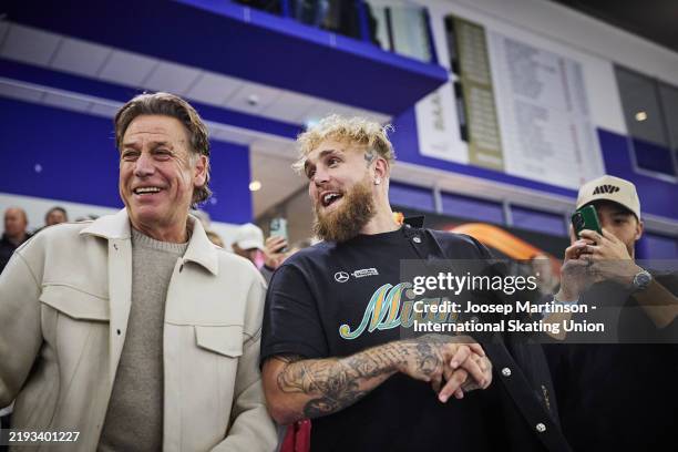 Ruud Leerdam and Jake Paul, boyfriend of Jutta Leerdam of the Netherlands reacts in the Women's Sprint 2nd 1000m during ISU European Speed Skating...