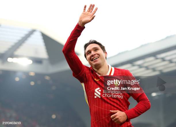 Federico Chiesa of Liverpool celebrates scoring his team's fourth goal during the Emirates FA Cup Third Round match between Liverpool and Accrington...