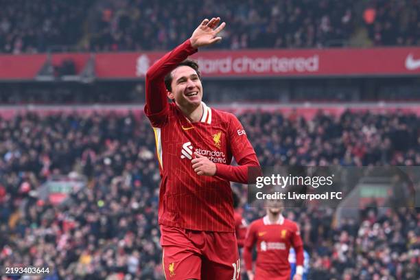 Federico Chiesa of Liverpool celebrates scoring his team's fourth goal during the Emirates FA Cup Third Round match between Liverpool and Accrington...