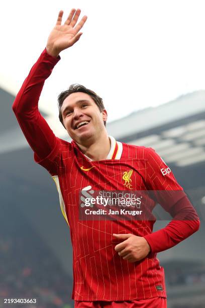 Federico Chiesa of Liverpool celebrates scoring his team's fourth goal during the Emirates FA Cup Third Round match between Liverpool and Accrington...