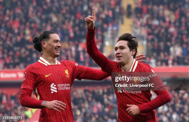 Federico Chiesa of Liverpool celebrates scoring his team's fourth goal during the Emirates FA Cup Third Round match between Liverpool and Accrington...