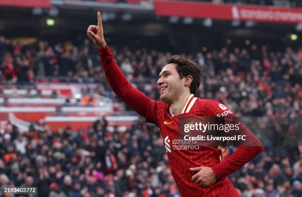 Federico Chiesa of Liverpool celebrates scoring his team's fourth goal during the Emirates FA Cup Third Round match between Liverpool and Accrington...