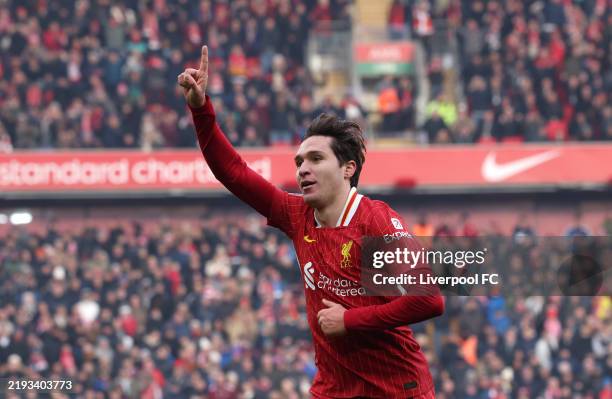 Federico Chiesa of Liverpool celebrates scoring his team's fourth goal during the Emirates FA Cup Third Round match between Liverpool and Accrington...