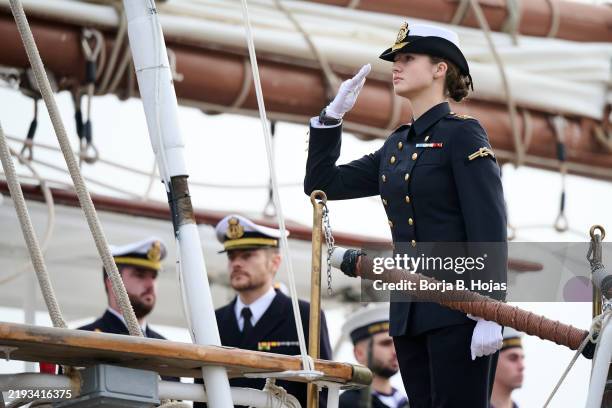 Crown Princess Leonor of Spain embarks on the training ship Juan Sebastian de Elcano on January 11, 2025 in Cadiz, Spain. Princess Leonor will take...