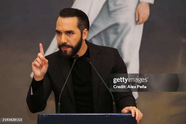 President of El Salvador Nayib Bukele delivers a speech during the first press conference of the year at Casa Presidencial on January 14, 2025 in San...