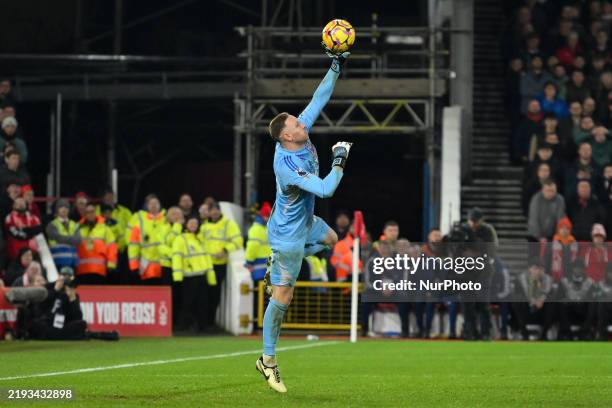Matz Sels, Nottingham Forest goalkeeper, gets a glove to the ball during the Premier League match between Nottingham Forest and Liverpool at the City...