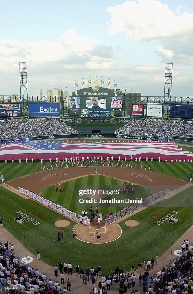 The American Flag covers the outfield 
