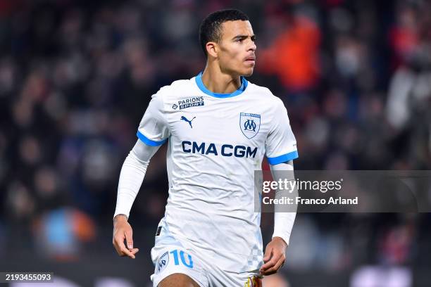 Mason Greenwood of Olympique de Marseille celebrates after scoring his team's first goal during the Ligue 1 match between Stade Rennais FC 1901 and...