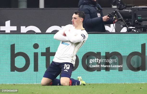 Nadir Zortea of Cagliari celebrates scoring his team's first goal during the Serie A match between AC Milan and Cagliari at Stadio Giuseppe Meazza on...