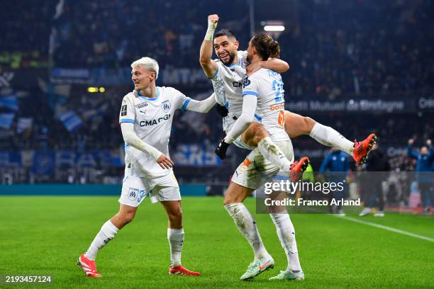 Adrien Rabiot of Olympique de Marseille celebrates with Neal Maupay of Olympique de Marseille after scoring his team's second goal during the Ligue 1...