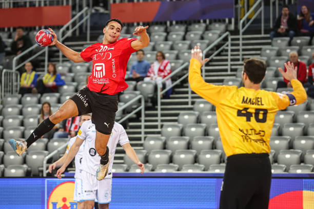 Belal Masoud of Egypt shoots during the 2025 IHF Men's Handball World Championship Group H Round 1 match between Egypt and Argentina at Zagreb Arena...