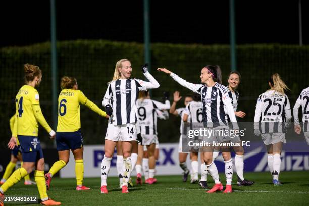 Amalie Jorgensen Vangsgaard of Juventus FC celebrates after scoring a goal during the Women Coppa Italia match between SS Lazio and Juventus FC at...