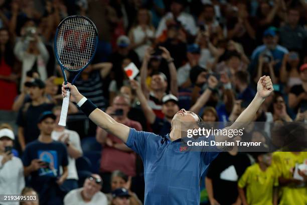 Kei Nishikori of Japan celebrates his victory against Thiago Monteiro of Brazil in the Men's Singles First Round during day one of the 2025...