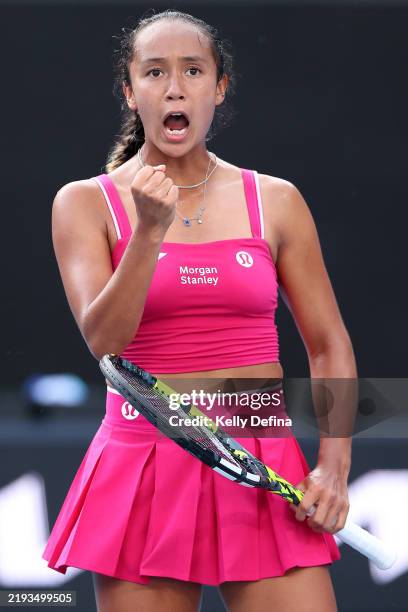 Leylah Fernandez of Canada celebrates winning the first set against Yuliia Starodubtseva of Ukraine during the Women's Singles First Round match...