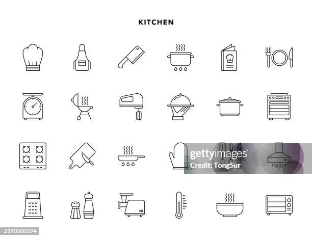 kitchen - line icons - meat grinder stock illustrations