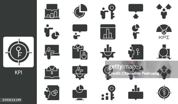 key performance indicator icon set. solid icon collection. vector illustration. stock illustration icon symbol, kpi, chart, analyzing stock illustrationanalyzing, business, business strategy, businessman, chart - performance evaluation stock illustrations