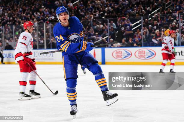 Dylan Cozens of the Buffalo Sabres celebrates his goal during an NHL game on January 15, 2025 at KeyBank Center in Buffalo, New York.