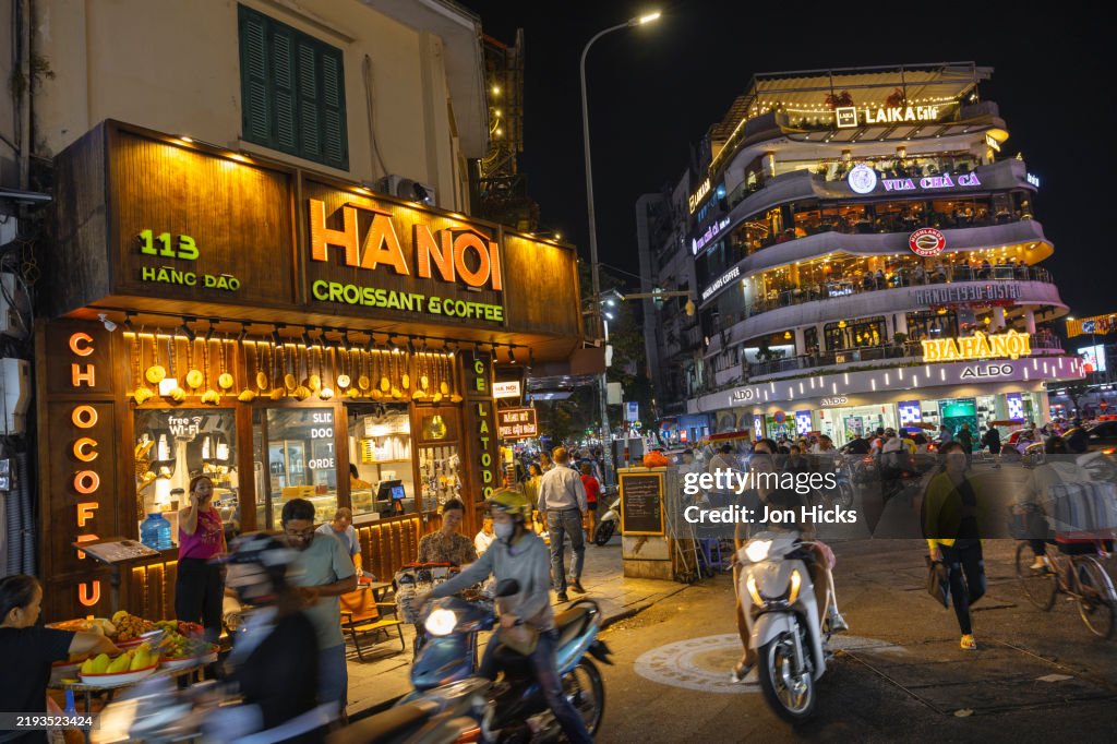 Dong Kinh Nghia Thuc Square at night in Hanoi's Old Quarter, Vietnam.