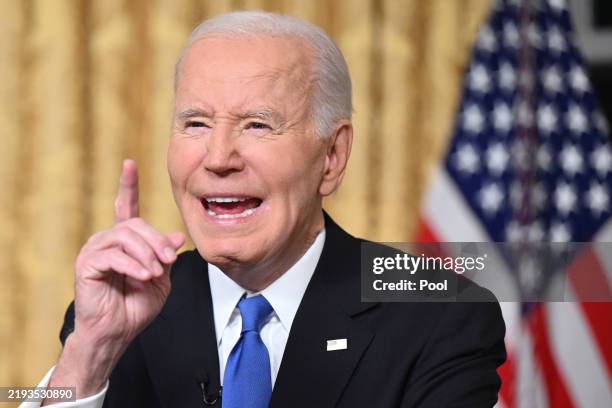 President Joe Biden delivers his farewell address to the nation from the Oval Office of the White House on January 15, 2025 in Washington, DC.