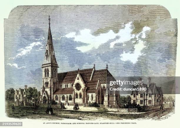 st ann's church, parsonage and schools, tottenham, victorian english ecclesiastical architecture, vintage illustration 1861 19th century - anglican stock illustrations