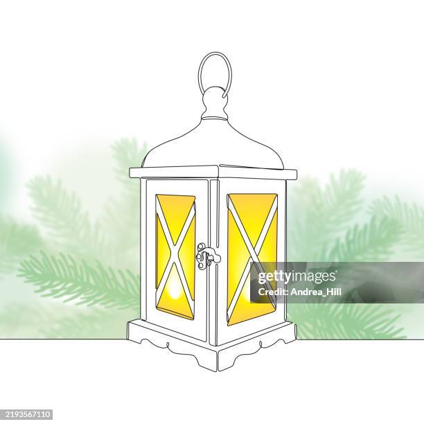 illuminated lantern with evergreen branches for winter single continuous line drawing - single pine tree stock illustrations