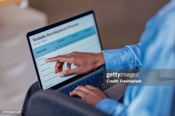 professional overview of website development process on a laptop screen - gantt chart stock pictures, royalty-free photos & images