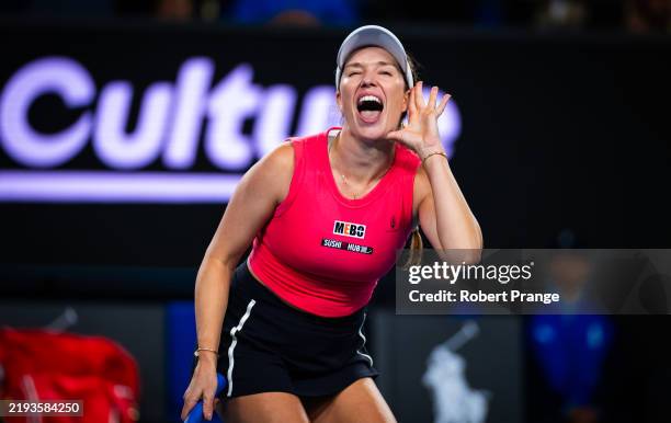 Danielle Collins of the United States provokes the crowd after defeating Destanee Aiava of Australia in the second round on Day 5 of the 2025...