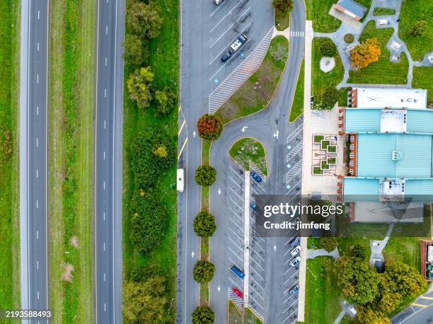 aerial i-78 highway and virginia welcome center at clear brook, virginia, usa - trucker stops stock pictures, royalty-free photos & images