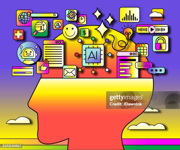 illustrazioni stock, clip art, cartoni animati e icone di tendenza di concetto di cervello astratto di apprendimento automatico con testa stile sfumato colorato - digital transformation