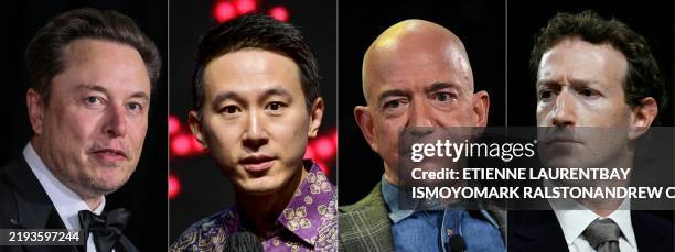 This combination of pictures created on January 15, 2025 shows South African businessman Elon Musk in Los Angeles, on April 13 TikTok CEO Shou Zi...