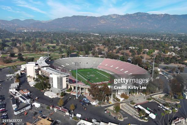 General overall aerial view of Rose Bowl Stadium on January 3, 2025 in Pasadena, California.