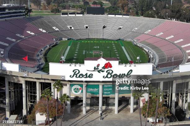 General overall aerial view of the Rose Bowl Stadium facade on January 3, 2025 in Pasadena, California.