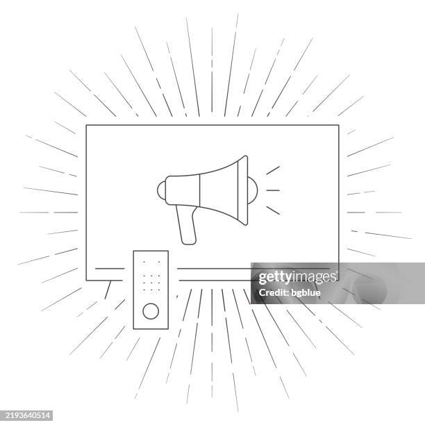 tv with megaphone. line icon with sunbursts on white background - smart tv stock illustrations
