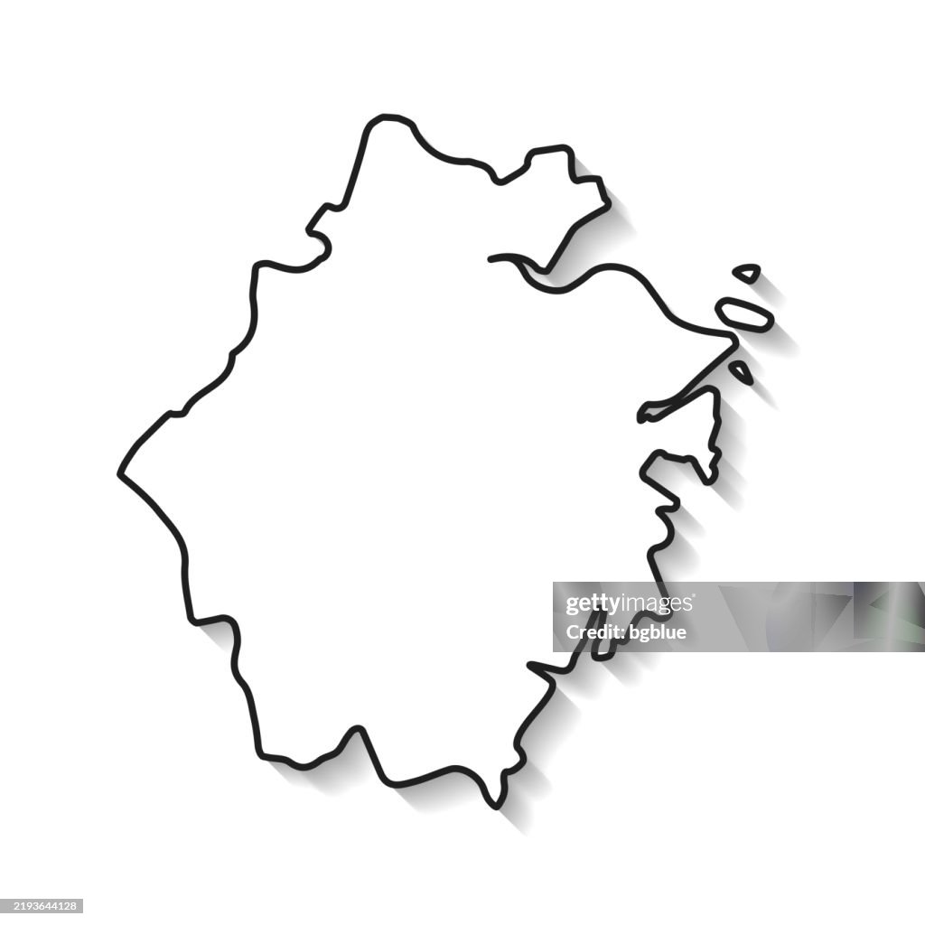 Carte du Zhejiang avec contour noir et ombre sur fond blanc