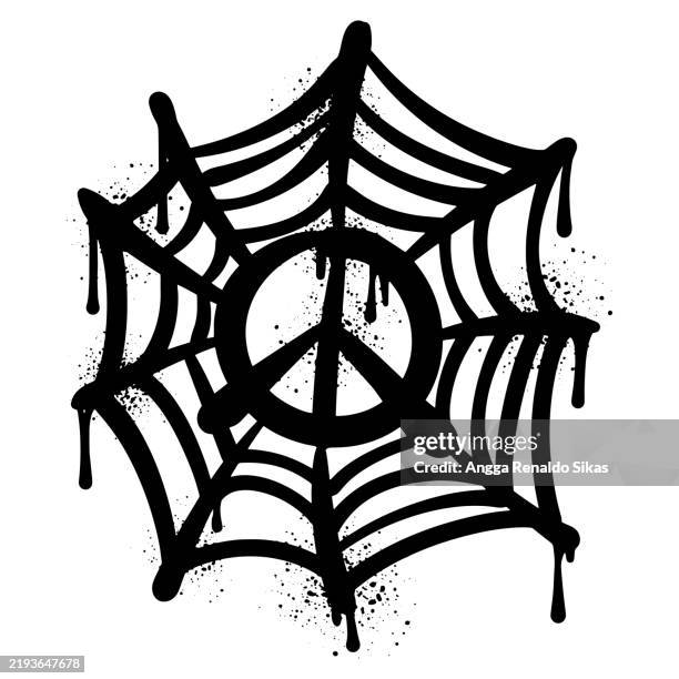 graffiti peace sign in spider web black and white drawing - tshirt texture stock illustrations