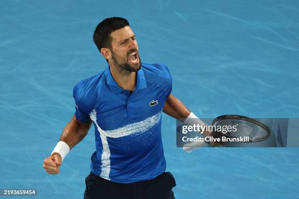 Novak Djokovic of Serbia celebrates winning set point against Nishesh Basavareddy of the United States in the Men's Singles First Round match during...