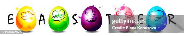 muzzle of a funny egg, creative emotional set. easter colorful eggs with funny muzzles on an isolated background. - paint dripping face stock illustrations