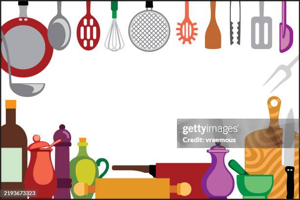 kitchenware and kitchen utensils border frame with copy space - cooking utensil stock illustrations