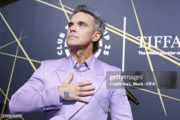 Robbie Williams performs at the FIFA Club World Cup Trophy Presentation at Tiffany & Co on January 16, 2025 in New York City.