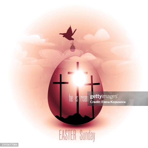 christ is risen, easter saturday concept in modern bronze luxury style. crucifixion crosses with flying dove in the sky and easter egg on neutral background. - easter sunday stock illustrations