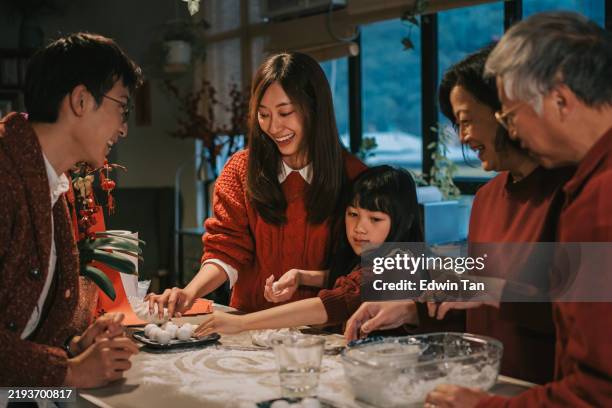 familia china de varias generaciones disfrutando de bola de arroz glutinoso tang yuan postre durante el solsticio de invierno chino festival de año nuevo - solsticio de invierno fotografías e imágenes de stock