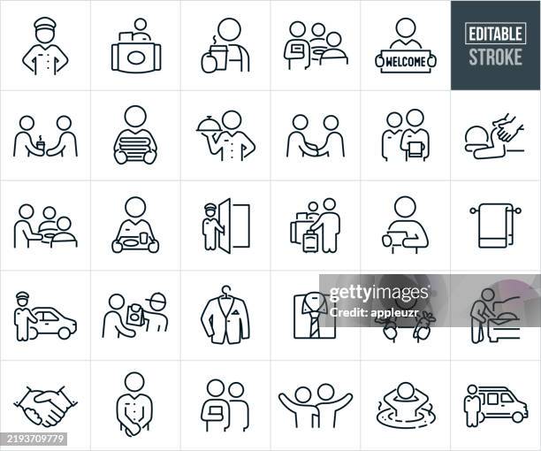 bildbanksillustrationer, clip art samt tecknat material och ikoner med hospitality and reception thin line icons - editable stroke - icons include service industry, hotel accommodations, travel and tourism, tourist, host, guest, customer, restaurant staff, waiter, waitress, reception, receptionist, greeting, bellhop, concier - reception