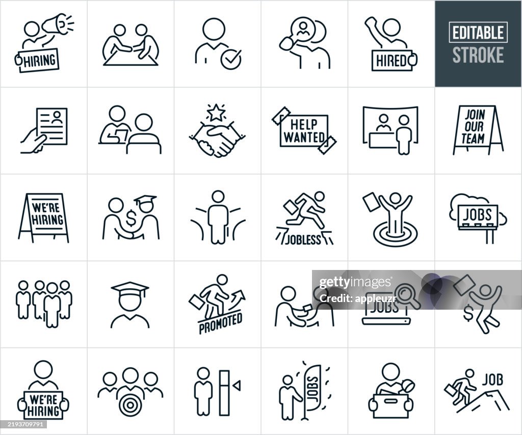 Hiring, Employment And Recruiting Thin Line Icons - Editable Stroke - Icons Include Job Seekers, Job Candidates, Recruiting, Recruiter, Hiring Manager, Human Resources, Job Interview, Job Resume, Jobs