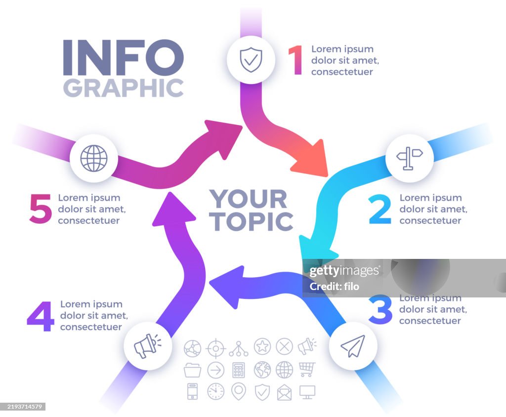 Combining Topics Visual Five Topics Converging Merging Arrow Infographic Concept Illustration ...