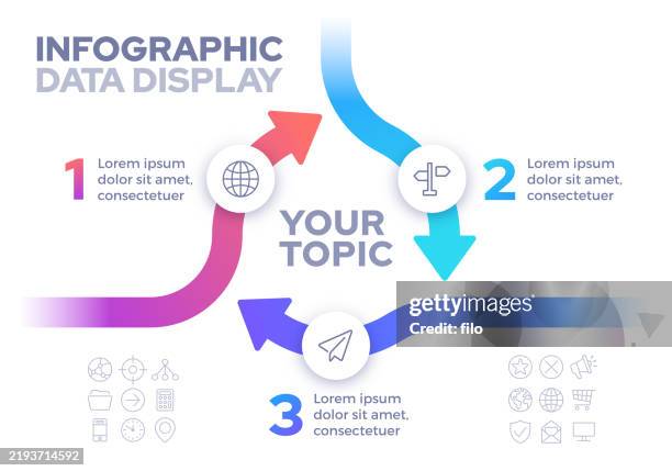 illustrations, cliparts, dessins animés et icônes de trois sujets convergents fusion flèche infographie concept illustration - trois objets